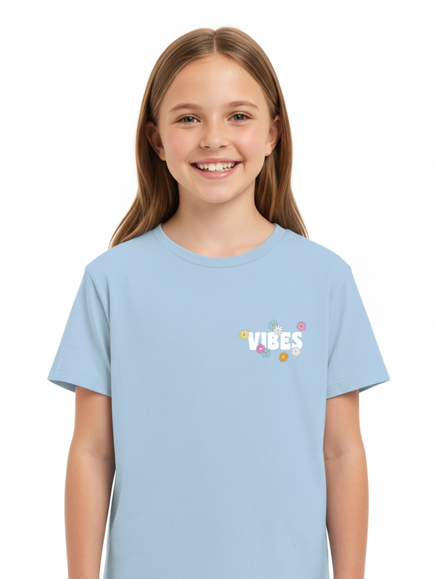 Wonder Nation Girls Vibes & Flowers Graphic Tee with Short Sleeves, Sizes 4-18