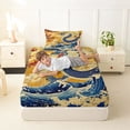 thumbnail image 4 of Feelyou Retro Chinese Dragon Twin Sheet Sets for Kids Boys Teens, Ukiyo Wave Blossom Bedding, Gold Blue Red, 3-Piece, 4 of 5