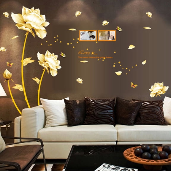 Yellow Gloden Rose Butterfly Flower Wall Stickers Wall Decal for Living Room TV Background Wall Art Decors Window Thanksgiving Christmas