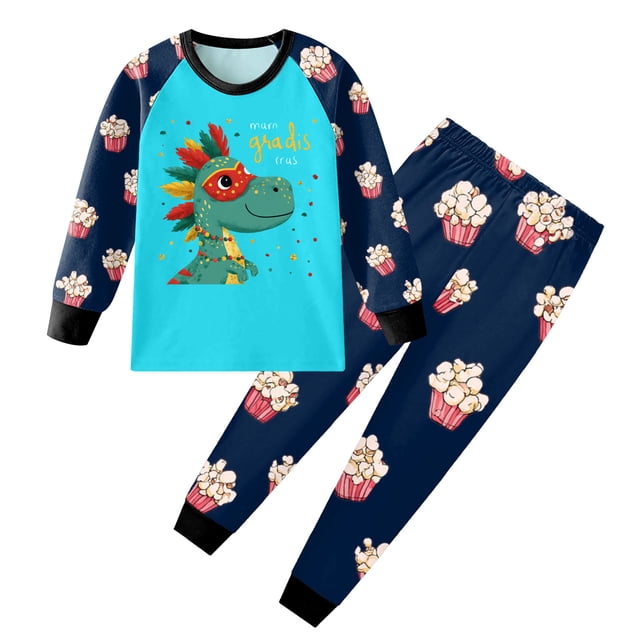 Caqnni Children's All-Day Play Set 2 Piece Soft Cotton Outfit with Long Sleeves, Suitable for Spring Summer Fall, Vibrant Patterns(Sky Blue,7-8 Years)