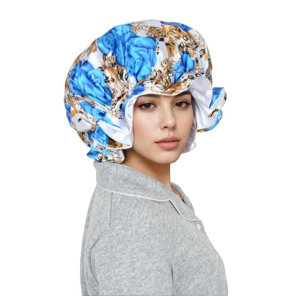 Satin Lined Print Bonnet Large Ruffled Edge Adjustable Sleep Cap for Natural Hair Protection - Blue