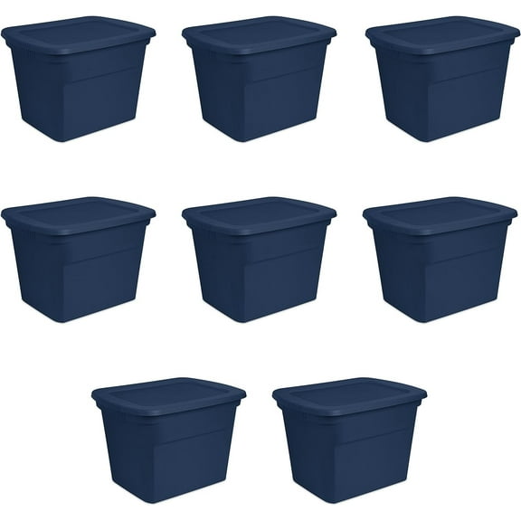Sterilite Plastic 18 Gal Stackable Storage Tote, Blue, 8 Count Pack