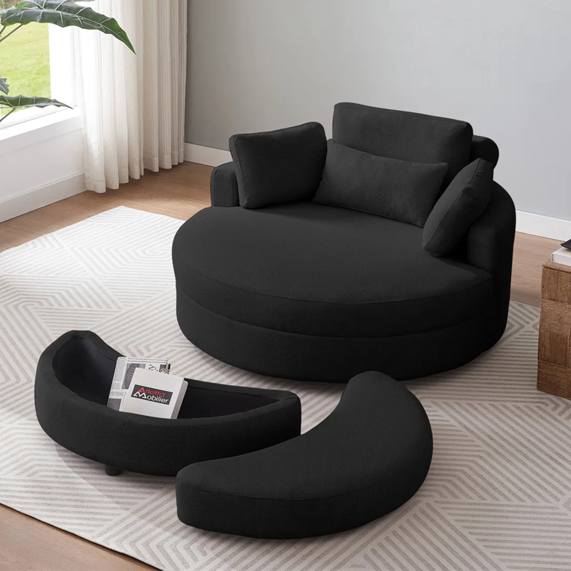 Aukfa 51"W Oversized Barrel Chair Accent Chair with Ottoman for Living Room Bedroom, Linen, Black