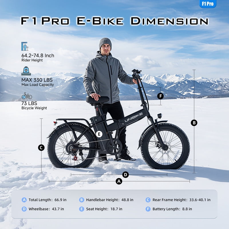 Unibike 20*4.0'' Foldable Ebikes for Adults, 748W Peak Motor Ebike, Fat Tire Mountain Bicycle, 48V 15AH Removable Lithium Battery, 7-Speed, Dual Disc Brakes