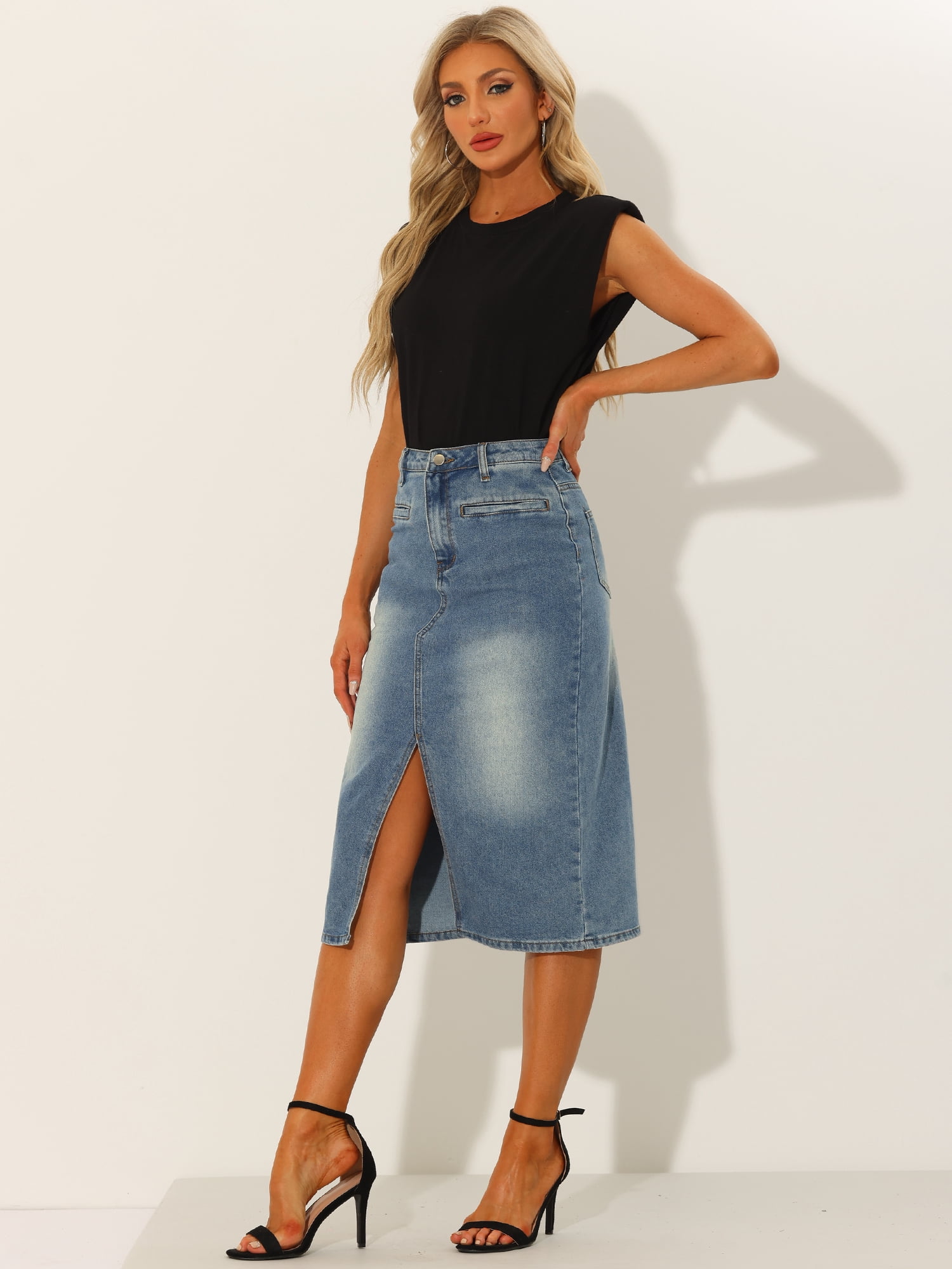 DARING DIVA Women's Slit Front Washed Jean Midi Skirts with Pockets M Grey Blue