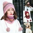 thumbnail image 2 of PENGXIANG 1 Ensemble Automne Hiver Bonnet Écharpe Colorée Rayé Tricot Bordless Peluche Doublure Extensible pour l'Extérieur, 2 of 10
