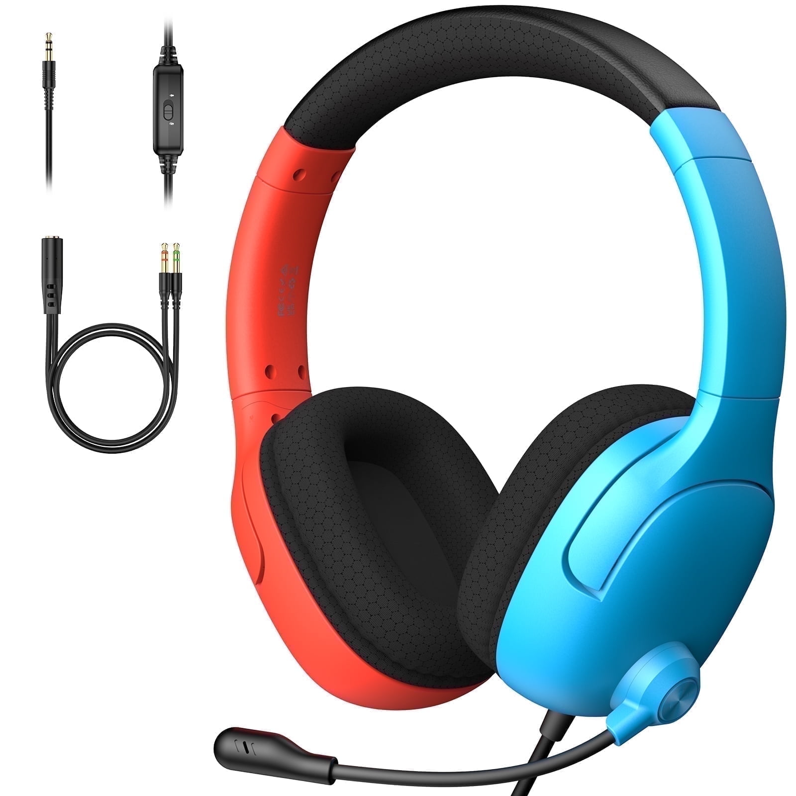 FONHAID Gaming Headset for Switch, Gaming Headphones with Microphone Noise-Canceling for PS5, Switch, PC, Wired Headset with Microhphone, Red&Blue