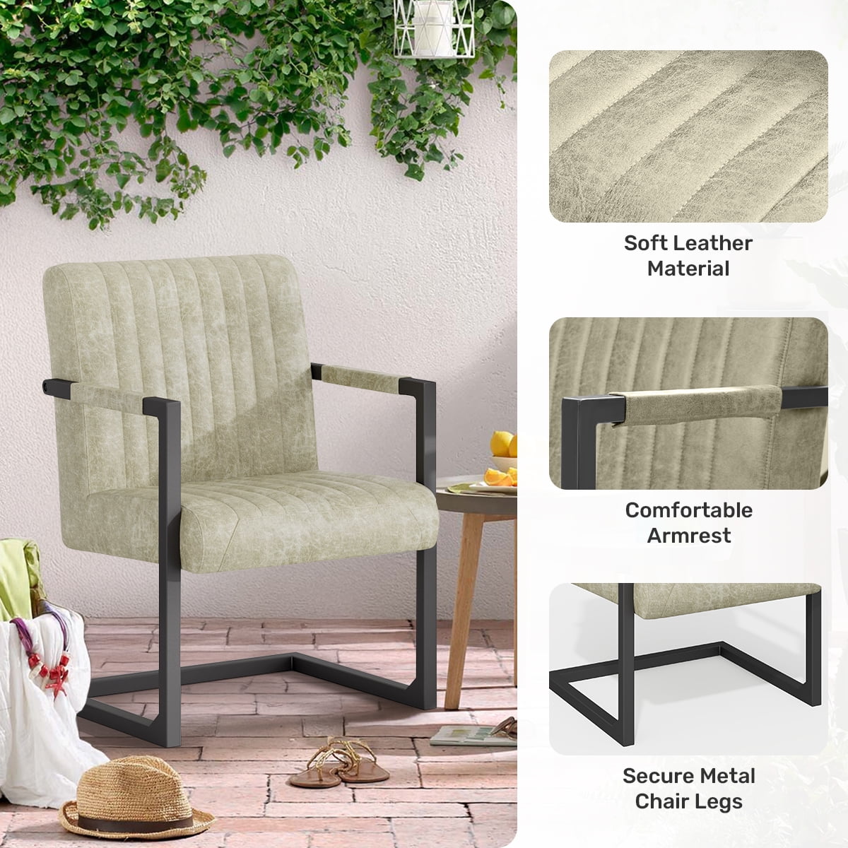 Faux Leather Dining Chairs Set of 2,Upholstered Art Accent Chair with Metal Legs and Padded Seat,Beige