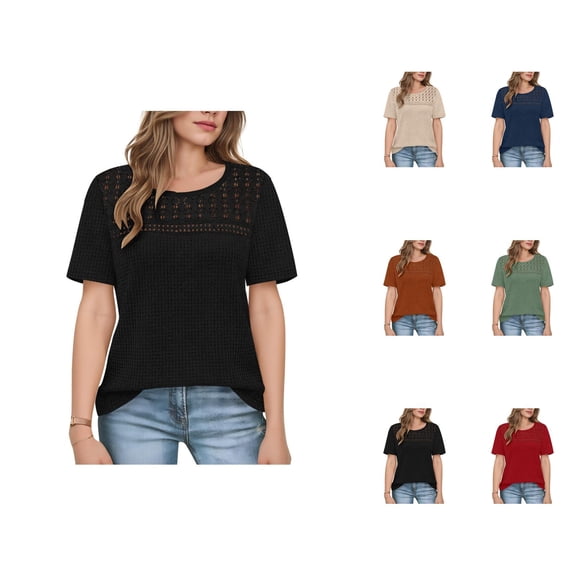 T Shirts for Women 2026 Summer Short Sleeve Crewneck Hollow out Breathable Dressy Casual Office Work Tshirt Blouse