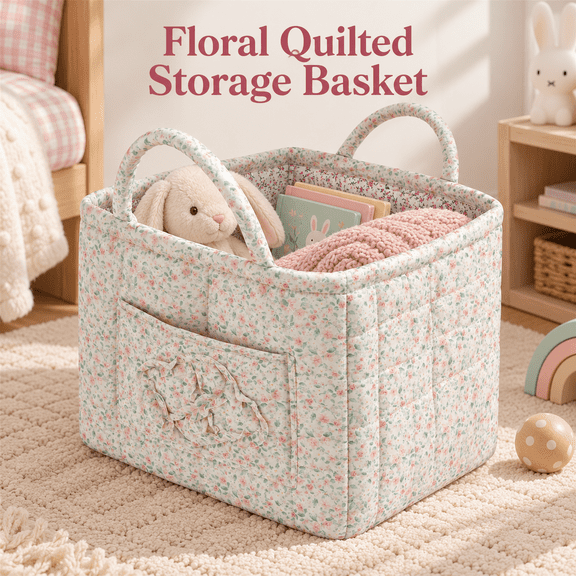OZERAA Quilted Fabric Storage Basket with Handles and Side Pocket, Foldable Boho Floral Print Organizer Bin, Laundry Hamper for Home Picnic Office, 12"x10"x10", A-1