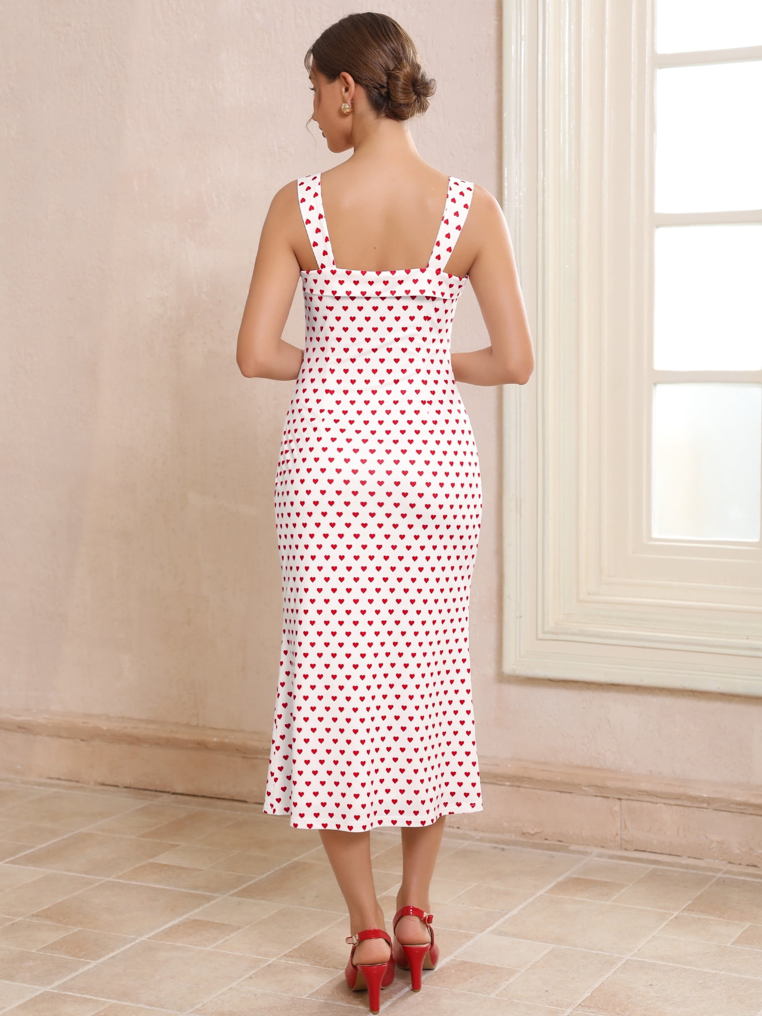 DARING DIVA Women's Heart Dots Sleeveless Square Neck Dress M White