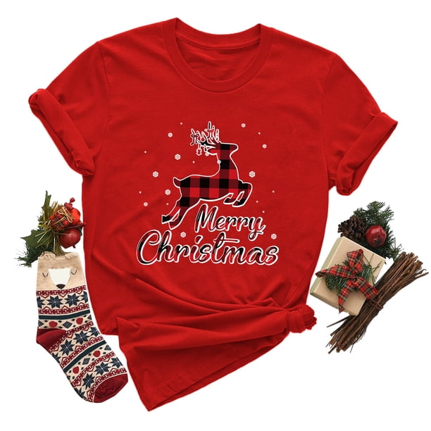 Gibobby Camisa navideña mujer Camiseta de manga corta con cuello redondo y estampado navideño para mujer(Rojo,XG) | en línea Gibobby Camisa navideña mujer Camiseta de manga corta con cuello redondo y estampado navideño para mujer(Rojo,XG) | en línea