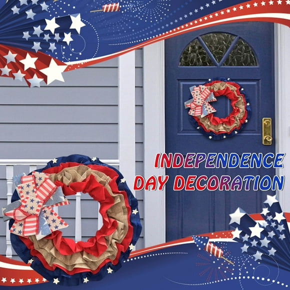 TopLLC Flower Wreath Front Door Independence Day Decoration American Flag Wreath Decoration Hanging On Home Walls Flower Wreath Porch Holiday Decoration Supplies on Clearance