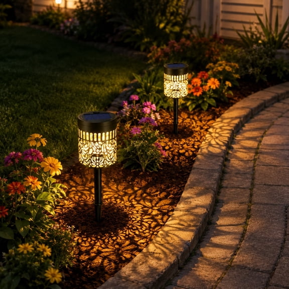2 Pack Solar Garden Stake Lights Outdoor, Warm White Peony Pattern Solar Pathway Lights with Decorative Shadow Projection, Waterproof Landscape Lights for Yard Lawn Patio Walkway Flower Bed Decor
