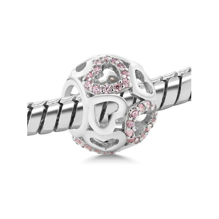 925 Sterling Silver White and Pink CZ Heart Inlay Round Bracelet Bead Charm