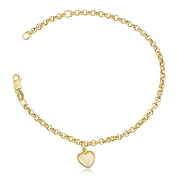 KoolJewelry 18k Yellow Gold Heart Charm Rolo Bracelet (adjustable to 6.25 or 7.25 inch)