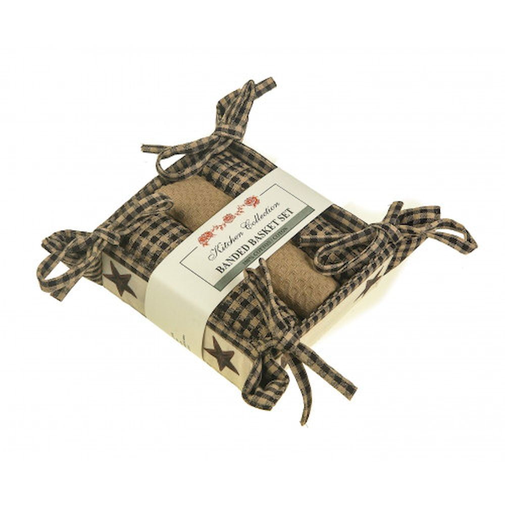 Set Of 4 Cotton Star Black Check Bread Basket Set