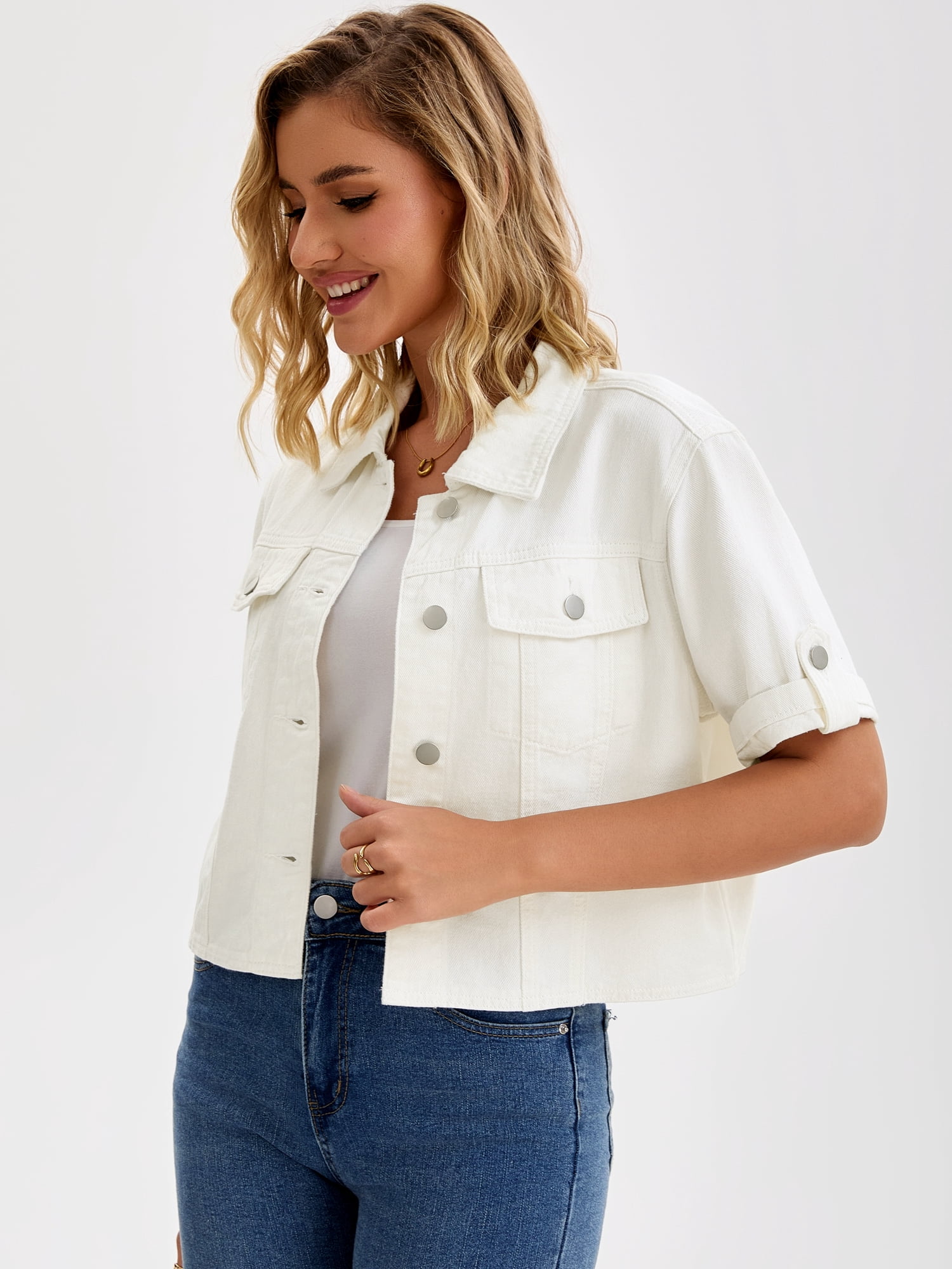 DARING DIVA Women's Short Sleeve Denim Collared Button Up Cropped Jean Jacket M White
