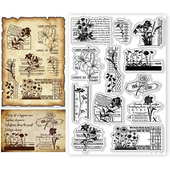 Vintage Floral Clear Stamps Silicone Seal Stamps Flowers Roses Leaves Frame Transparent Stamp for Crafts Stamps Cards for Card Making DIY Scrapbooking Journal Decoration Crafts DIY