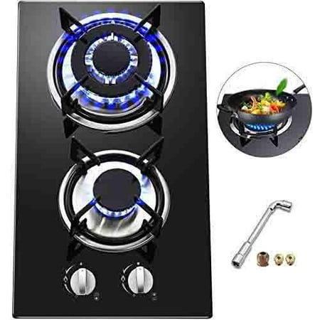 VEVOR 12x20 inches Built in Gas Cooktop 2 Burners Gas Stove Cooktop Tempered Glass Cooktop Gas Hob With Liquid Propane Conversion Kit Thermocouple Protection
