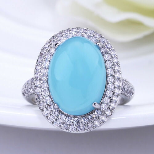Women 925 Silver Oval Cut Turquoise Wedding Rings