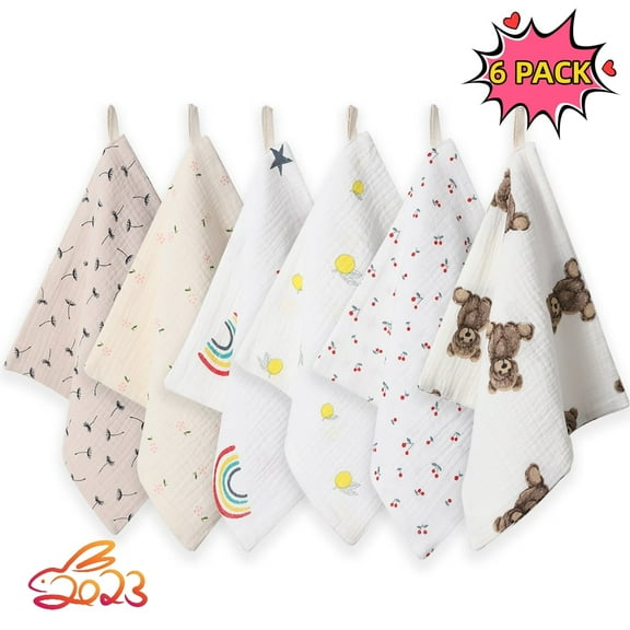 Muslin Squares baby Muslin Cloths - Washcloths Baby Face Towel 100% Cotton 6 Pack 4 Layers Super Soft and Absorbent Newborn Essentials Unisex (25*25cm-4Layers-Pack of 6)