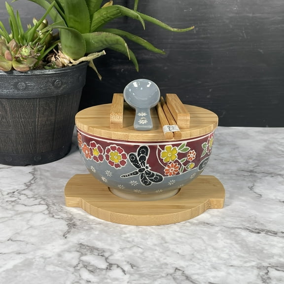 Ramen Bowl Colorful Flower Japanese Kamameshi Style Ceramic Rice Bowl Noodle Bowl with Bamboo Lid Tray Chopsticks, 24 fl oz Bowl, Gift Set, Home Living Gift, Idea, Bowl for Udon
