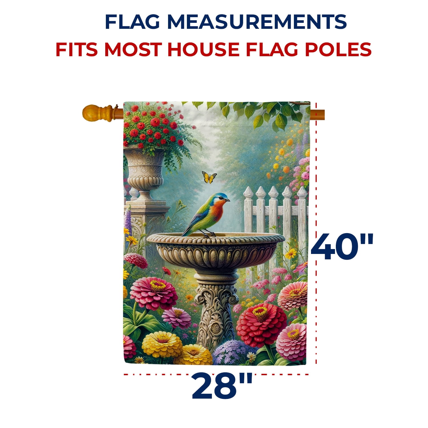 America Forever Birdbath Spring House Flag, 28x40 inch Double Sided, Fountain and Colorful Bird, Floral Spring Summer Outdoor Lawn Decor, Large Decorative Yard Flags