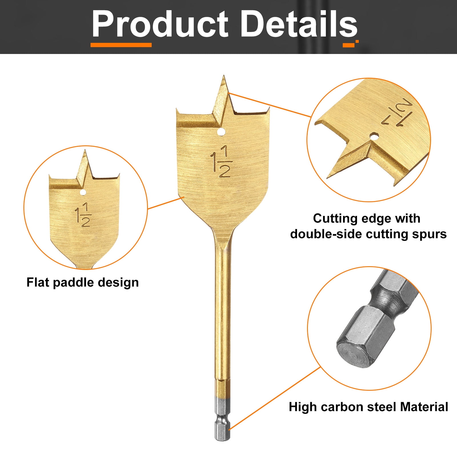Uxcell 7Pcs Spade Drill Bit Set with Quick Change 1/4 Inch Hex Shank Gold Tone