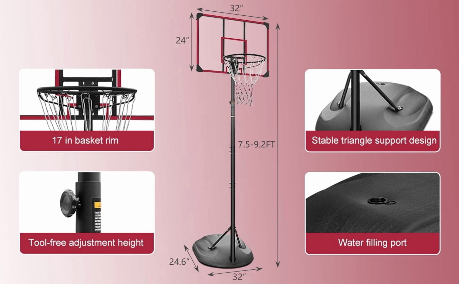 XASWAL 7.5 ft-9.2 ft Adjustable Height 32 Inch Shatterproof Backboard Indoor Outdoor Portable Basketball Systems Youth Adults