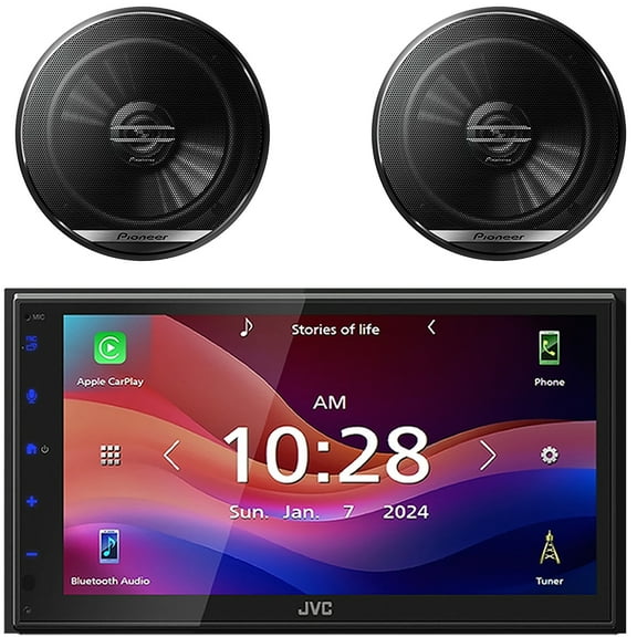 JVC KW-M690BW 6.8" Capacitive Monitor Single-DIN Bluetooth USB/MP3 Digital Media Shallow Chassis Multimedia Receiver, 2x Pioneer TS-G1620F 6.5" 300 Watts Max Power 2-Way Coaxial Car Audio Speakers