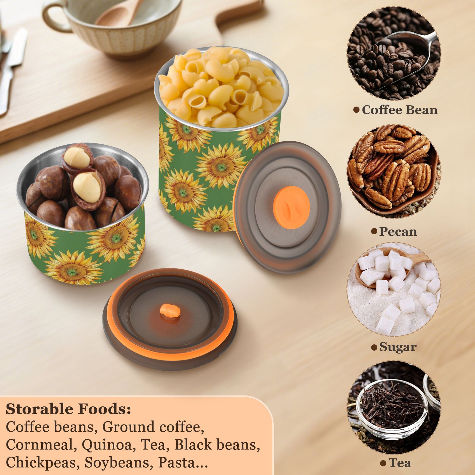 Sunflower Floral Airtight Coffee Bean Canister 30oz Food Storage Containers with Lids For Gournd, Tea, Sugar, Flour, Rice, Cereal, Candy Cookie Jar