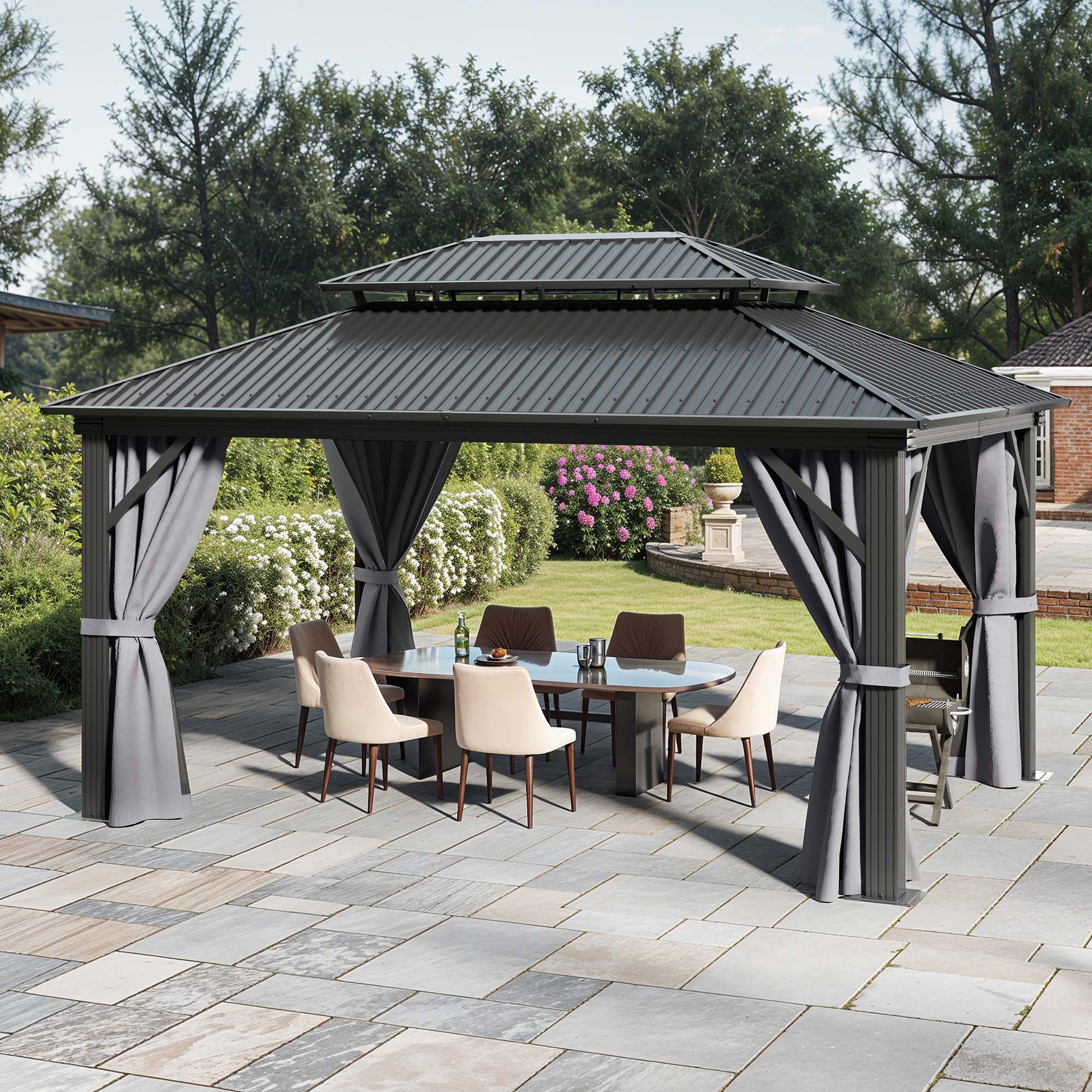 Dextrus 12x16 FT Outdoor Double Roof Hardtop Gazebo,Heavy Duty Galvanized Steel Patio Gazebo with Netting & Gray Curtains, Sunshade for Garden, Patio, Lawns, Black&Gray