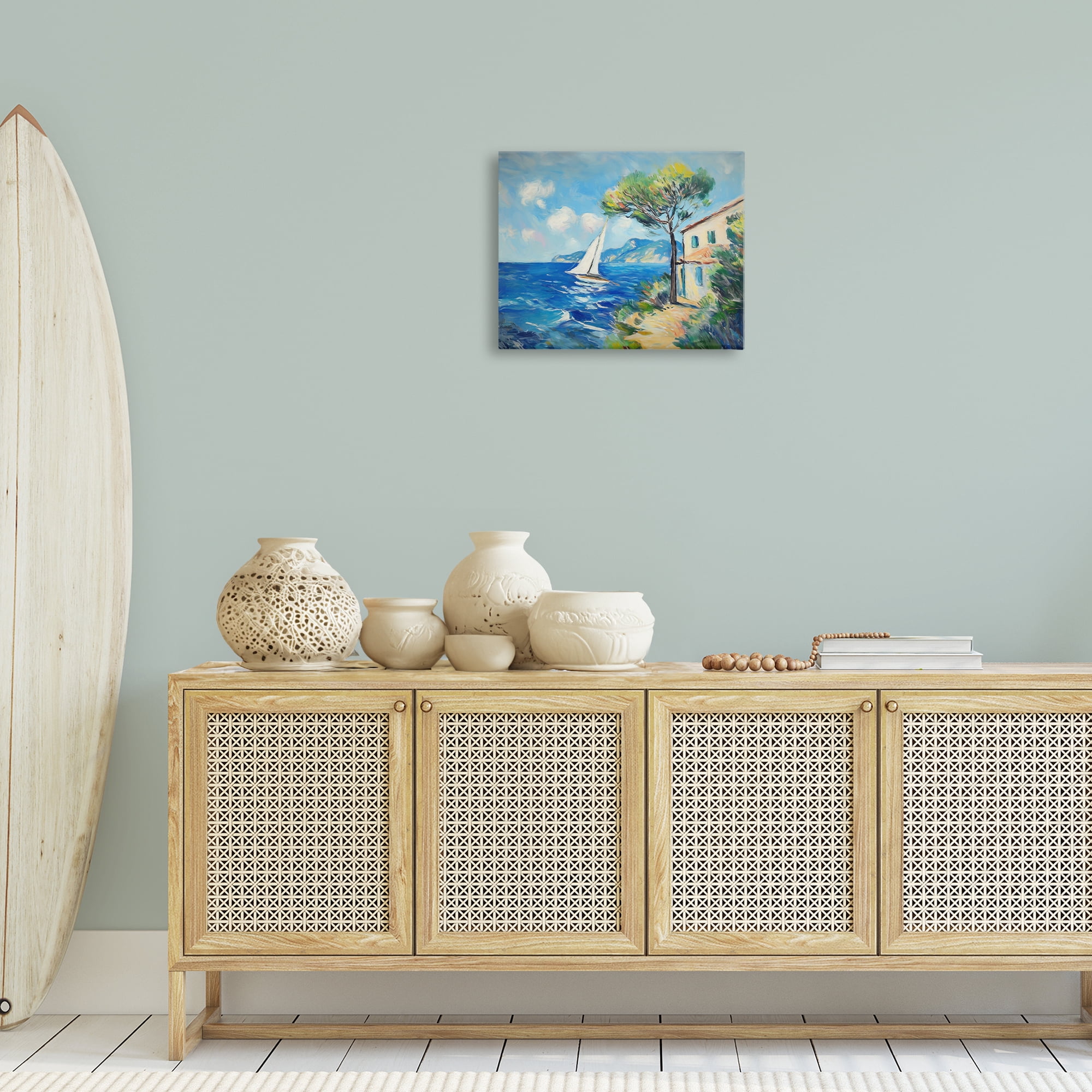 Stupell Industries Sailboat & Beach Villa Coastal Painting Gallery Wrapped Canvas Art Print Wall Art, 20 x 16