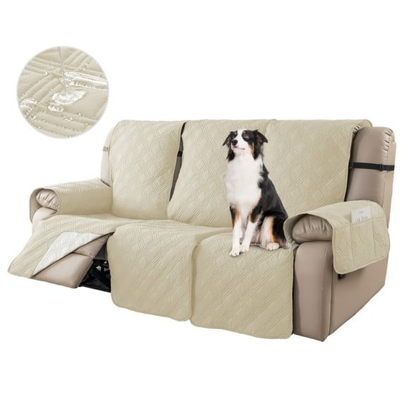 Lavish Cover 100% Waterproof Recliner Sofa Cover, 3 Pieces Non-Slip Recliner Couch Slipcovers, Washable Furniture Protector with Pockets & Elastic Straps for Kids Pets, 3 Seaters, Beige