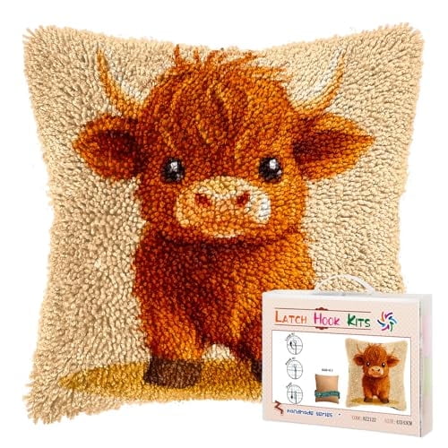 Latch Hook Pillow Kits for Adults Cute Baby Highland Cow DIY Pillow Cover Printed Pillowcase Crochet Hooking Yarns Handmade Cushion for Home Sofa Decoration 17x17inch(8)