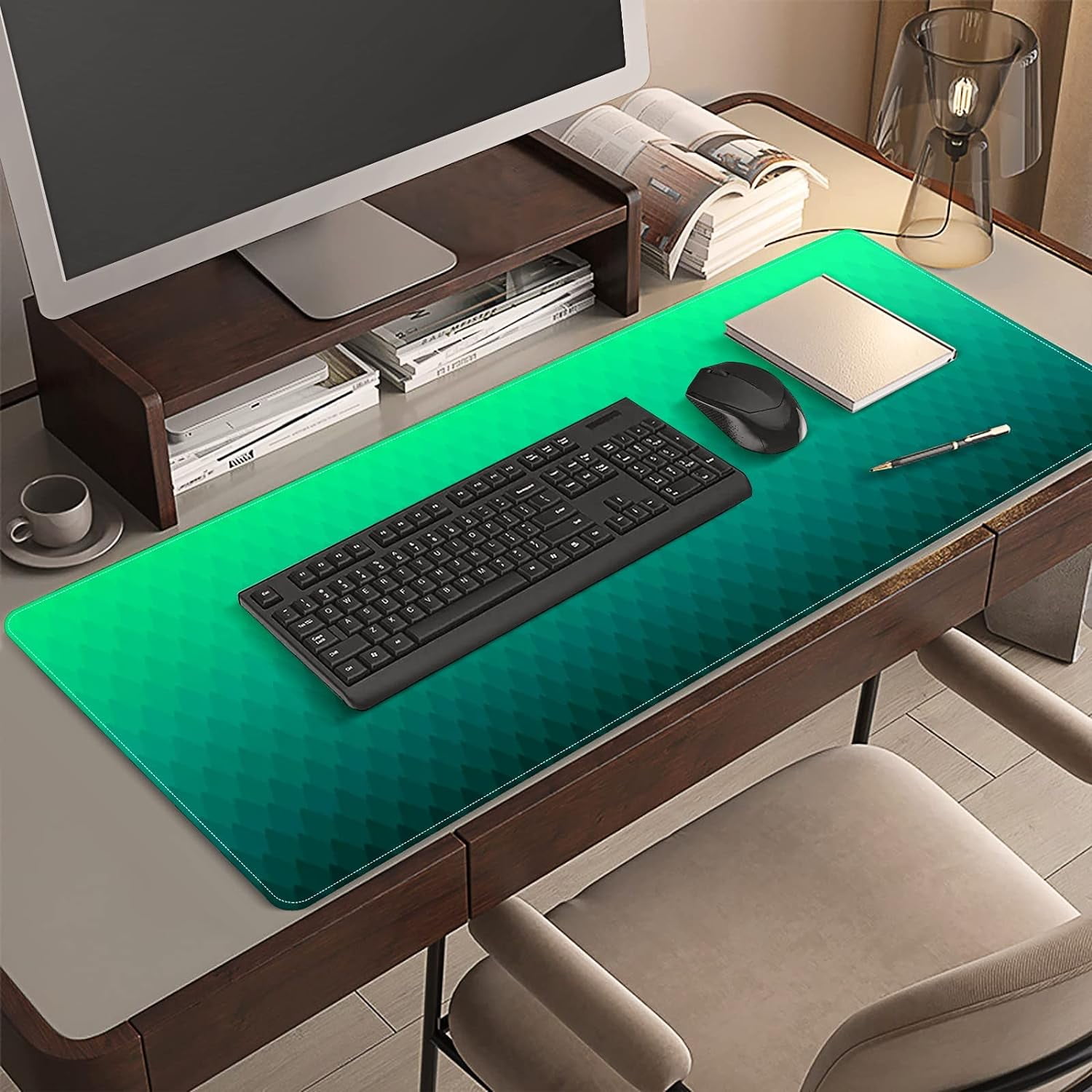 Abstract Forest Pattern Green Desk Mat, Desk Accessory, Cute Workspace, Trendy Workspace, Trendy, 35.4x15.7in Large Gaming Mouse Pad, Cute Desk Topper, Pretty Desk Pad