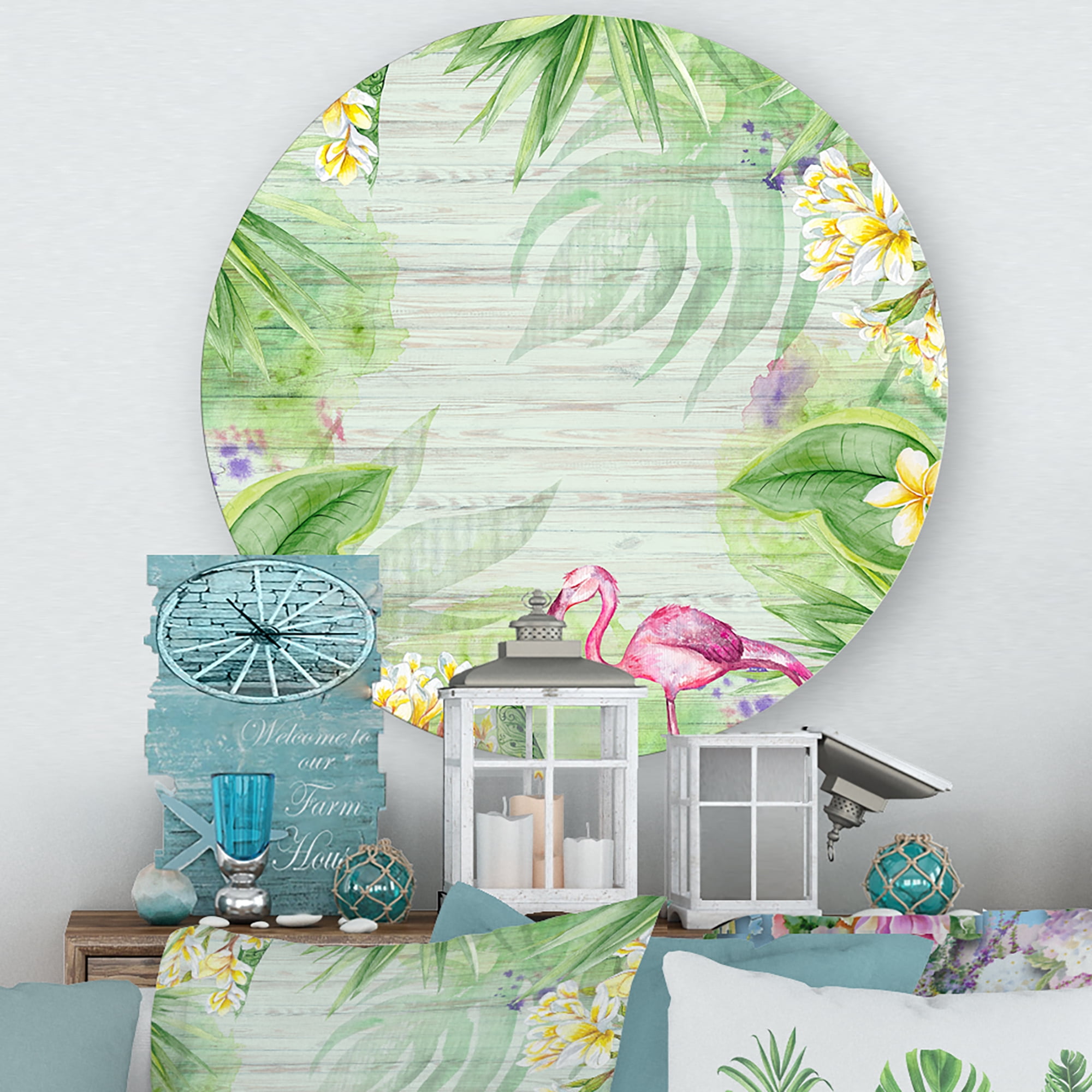 Designart 'Yellow Flowers, Tropical Foliage With Flamingo I' Modern Circle Metal Wall Art 23x23 - Disc of 23