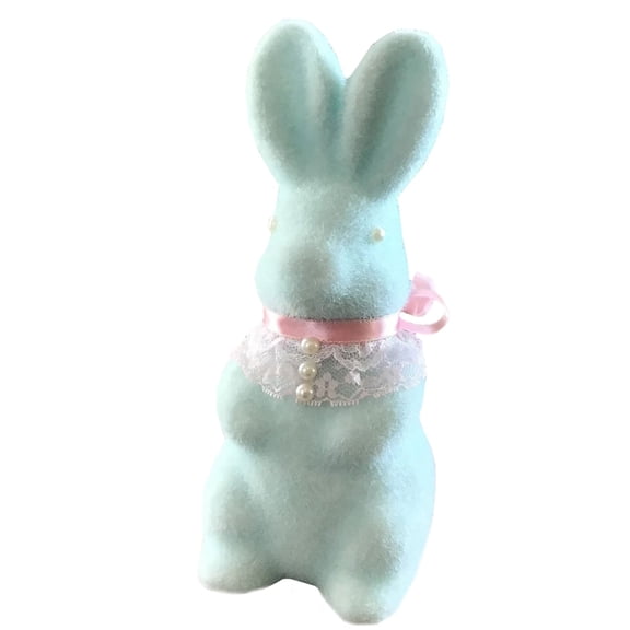 Decorr Easter Bunny Figurine,5.9" Blue Flocked Bunny Decor with Pearl & Lace, Easter Decorations for Tabletop, Shelf, Spring Home Decorarty Supplies