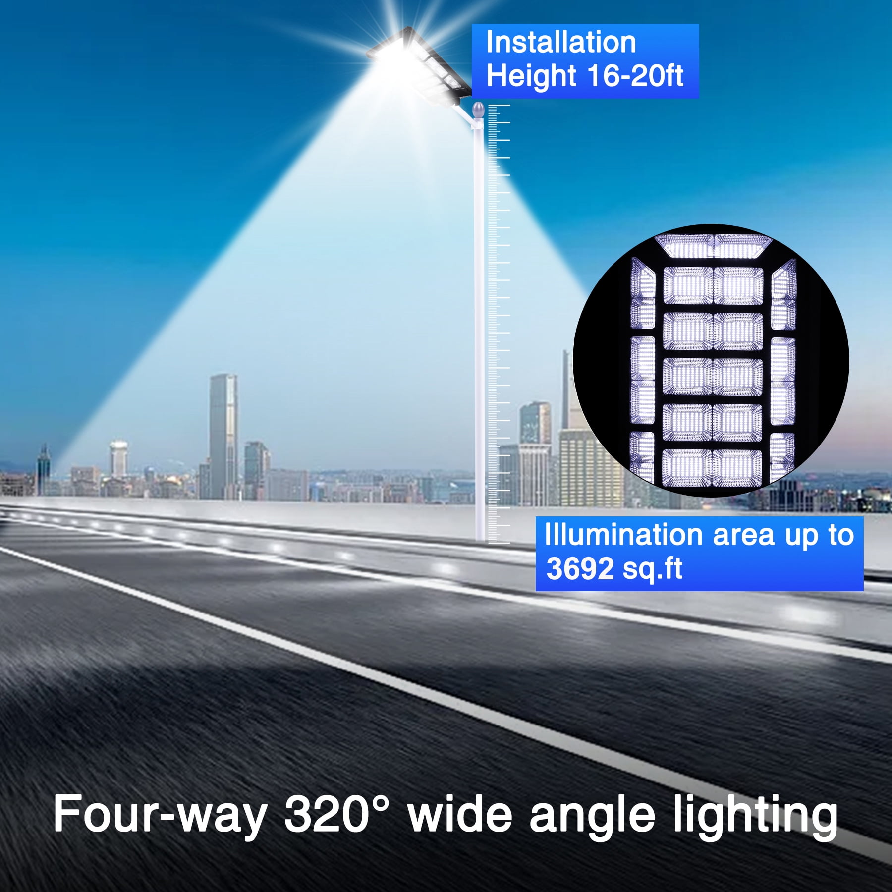 MUCH 10000W Solar Street Light Commercial, IP67 Waterproof Dusk to Dawn Motion Sensor Outdoor 320° Security Flood Light with Remote & Pole for Parking Lot Yard
