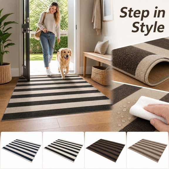 Striped Door Mat, 23.62x15.75 Inch Classic Horizontal Stripe Floor Rug, Non-Slip Washable Decorative Carpet for Entryway Bathroom Kitchen Bedroom Farmhouse Home Decoration