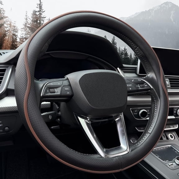 Leather Steering Wheel Cover, with Anti-Slip Stripe Design - Grip, Fashion Style, Safe, Non-Slip, Breathable. Upgrade Interior,Black Brown
