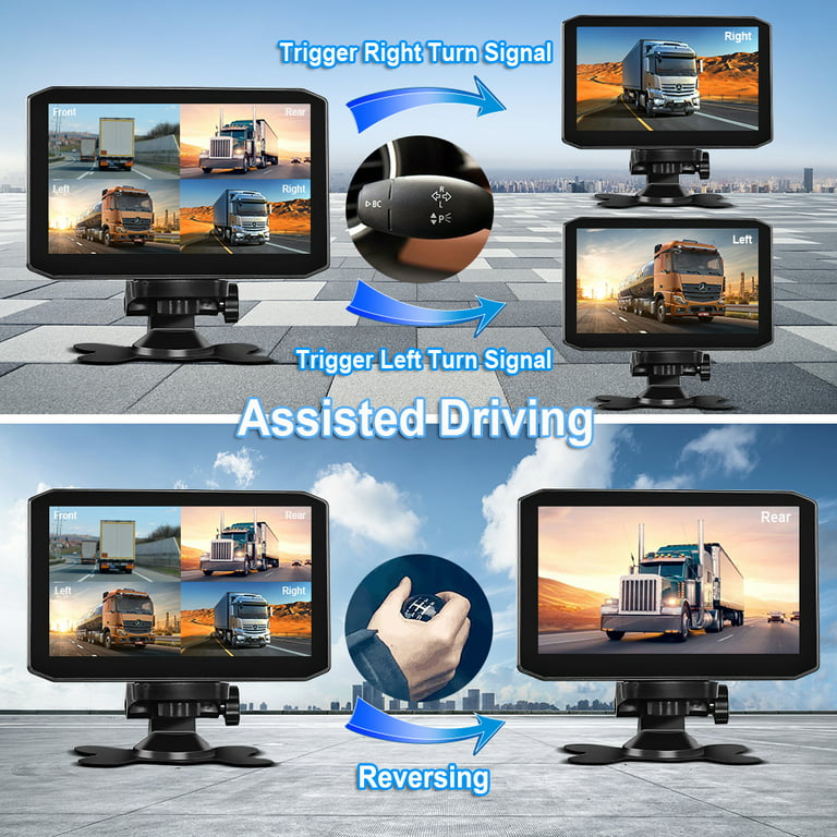 VSYSTO 4CH Dash Cam, 7'' Monitor 4 Split Screen GPS 1080p Infrared Night Vision Front & Sides & Rear Backup Camera for Semi Trailer Truck Van Tractor