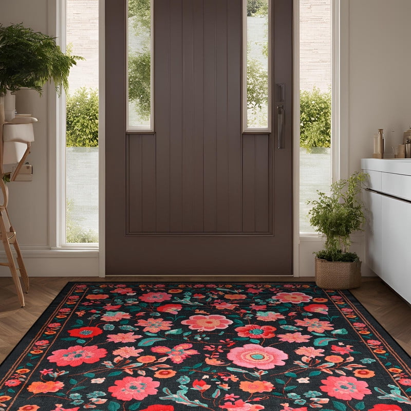 GUUCHA 9'x12'Area Rugs for Living Room Floral Print Rug Floor Carpet for Bedroom,Black/Red