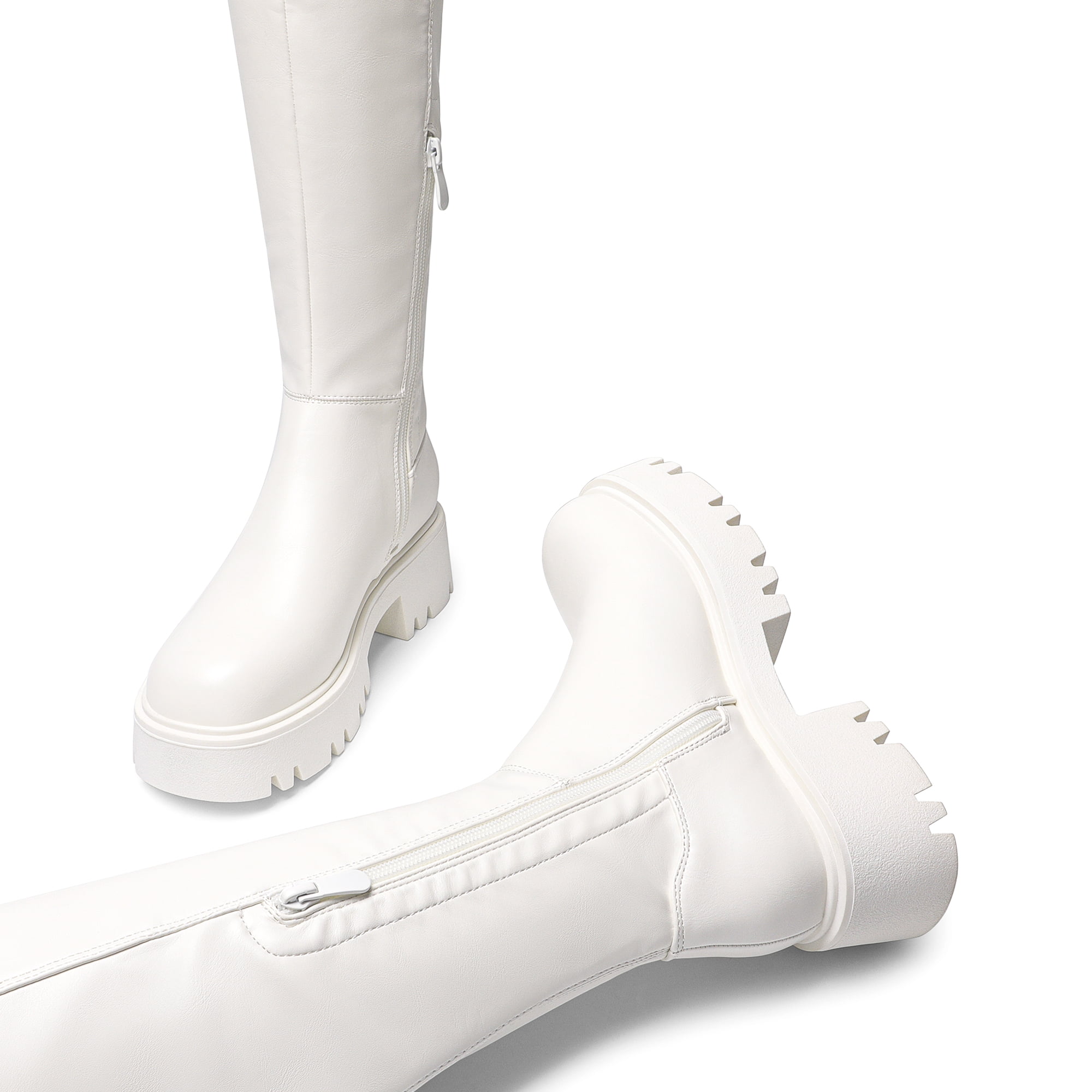 Dream Pairs Women's Over The Knee Platform Boots – Stretch Knit Thigh High Boots With Chunky Lug Sole, Beige, Size 8
