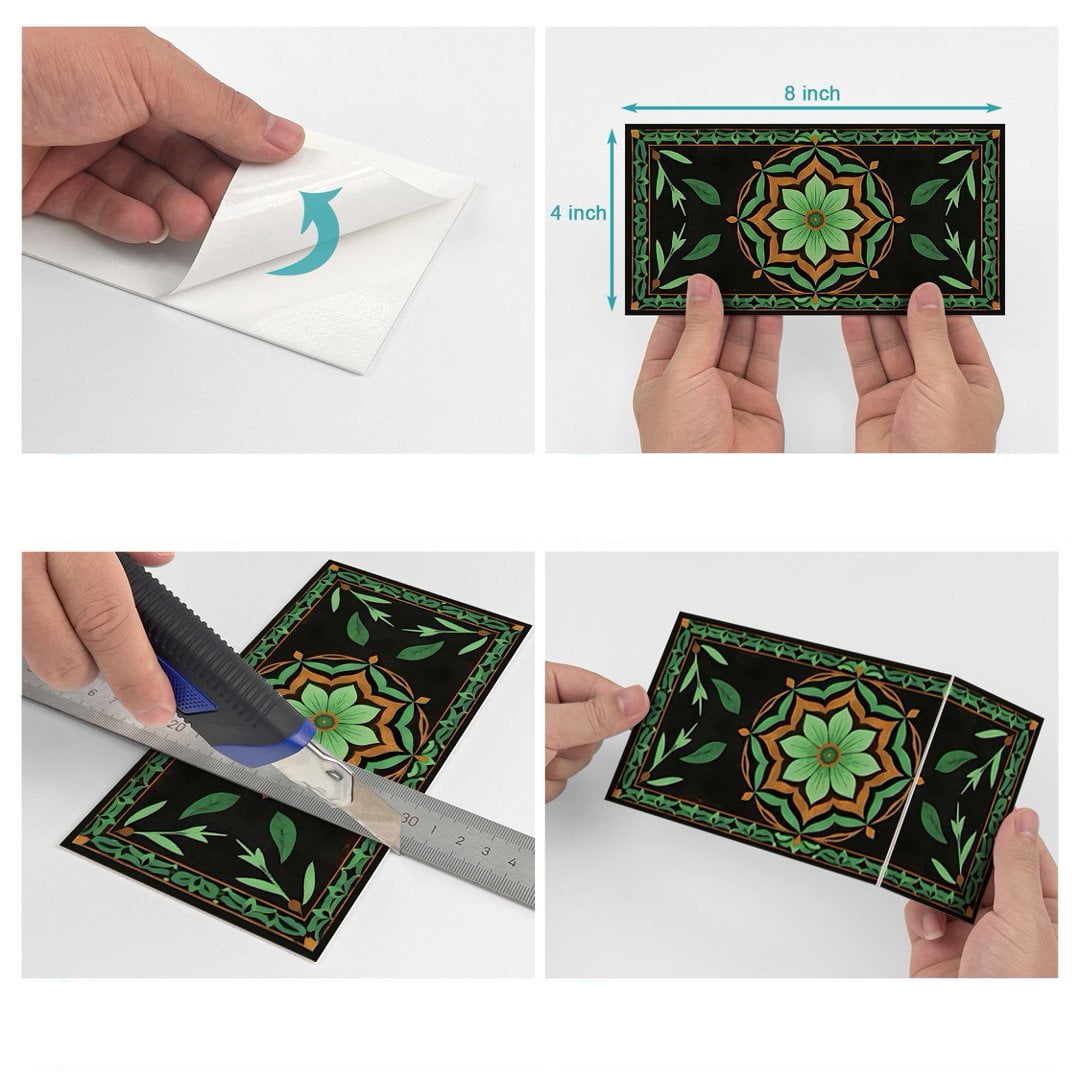 16Pcs Tiles Stickers Wall Decals Green Flowers Pattern 8" x 4" Foaming Board Vinyl Waterproof Peel and Stick Backsplash Mural