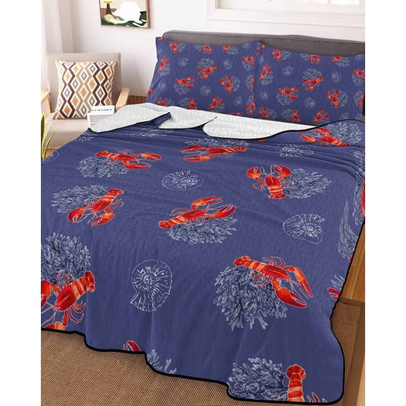 Navy Blue Coastal Full Size Down Alternative Comforter, Lightweight Comforter Quilt Bedding Set with Pillow Shams Red Lobster Nautical Ocean All Seasons Bed Comforter Duvet Insert 78"x90"