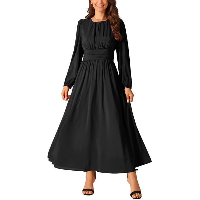 INSPIRE CHIC Vestidos de Mujer Cuello Redondo Mangas Largas de Linterna Vestido Maxi Formal L Negro