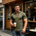 thumbnail image 6 of Mens Lace Up Tshirt Short Sleeve V Neck Casual Summer Beach Vacation Top Army Green 2XL, 6 of 8