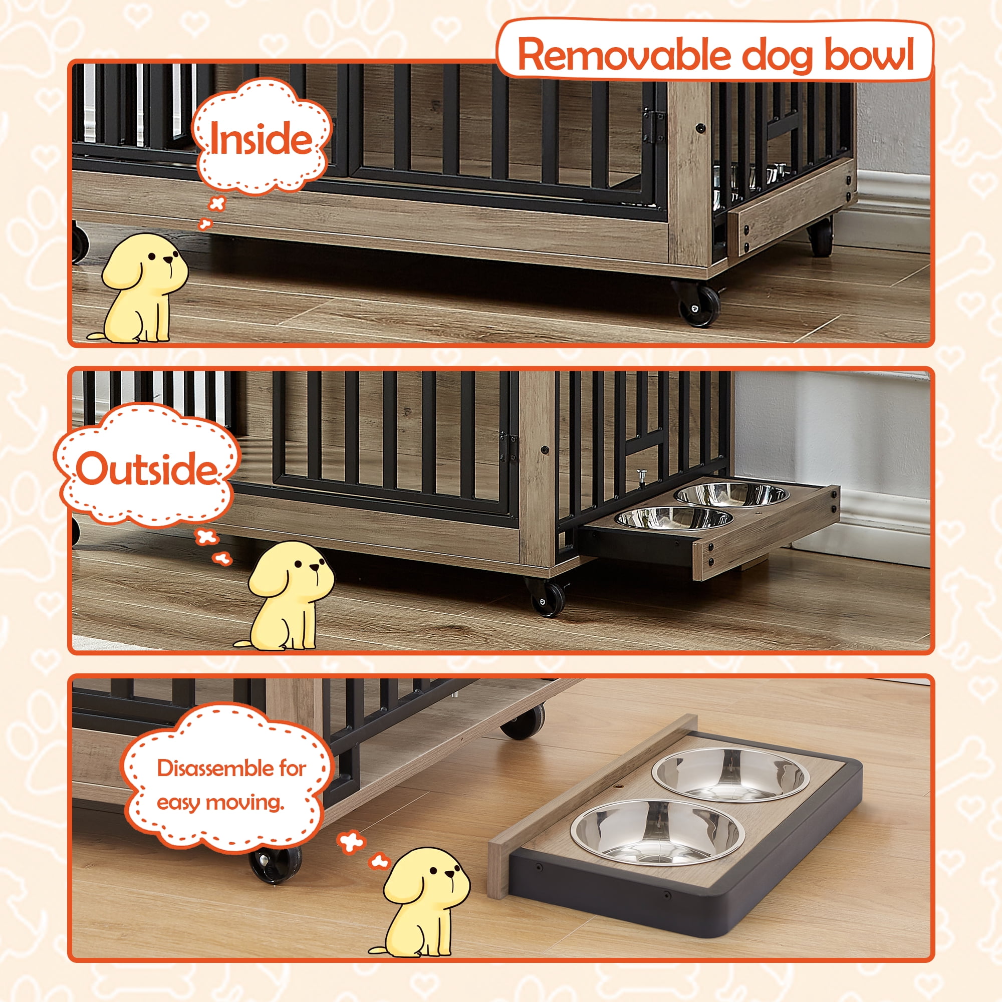 Pefilos 38" Dog Crate with Feeding Bowl, Wheels, Three Doors Kennel Flip-Up Top Opening, Furniture Style Dog Cage for Indoor Dogs, Gray Pefilos 38" Dog Crate with Feeding Bowl, Wheels, Three Doors Kennel Flip-Up Top Opening, Furniture Style Dog Cage for Indoor Dogs, Gray